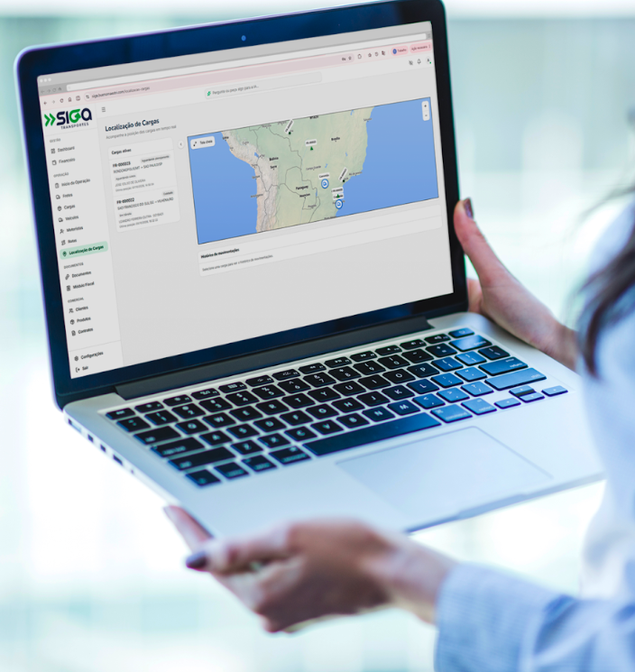 Interface do SIGA Transportes com visão de frota, localização de cargas e financeiro