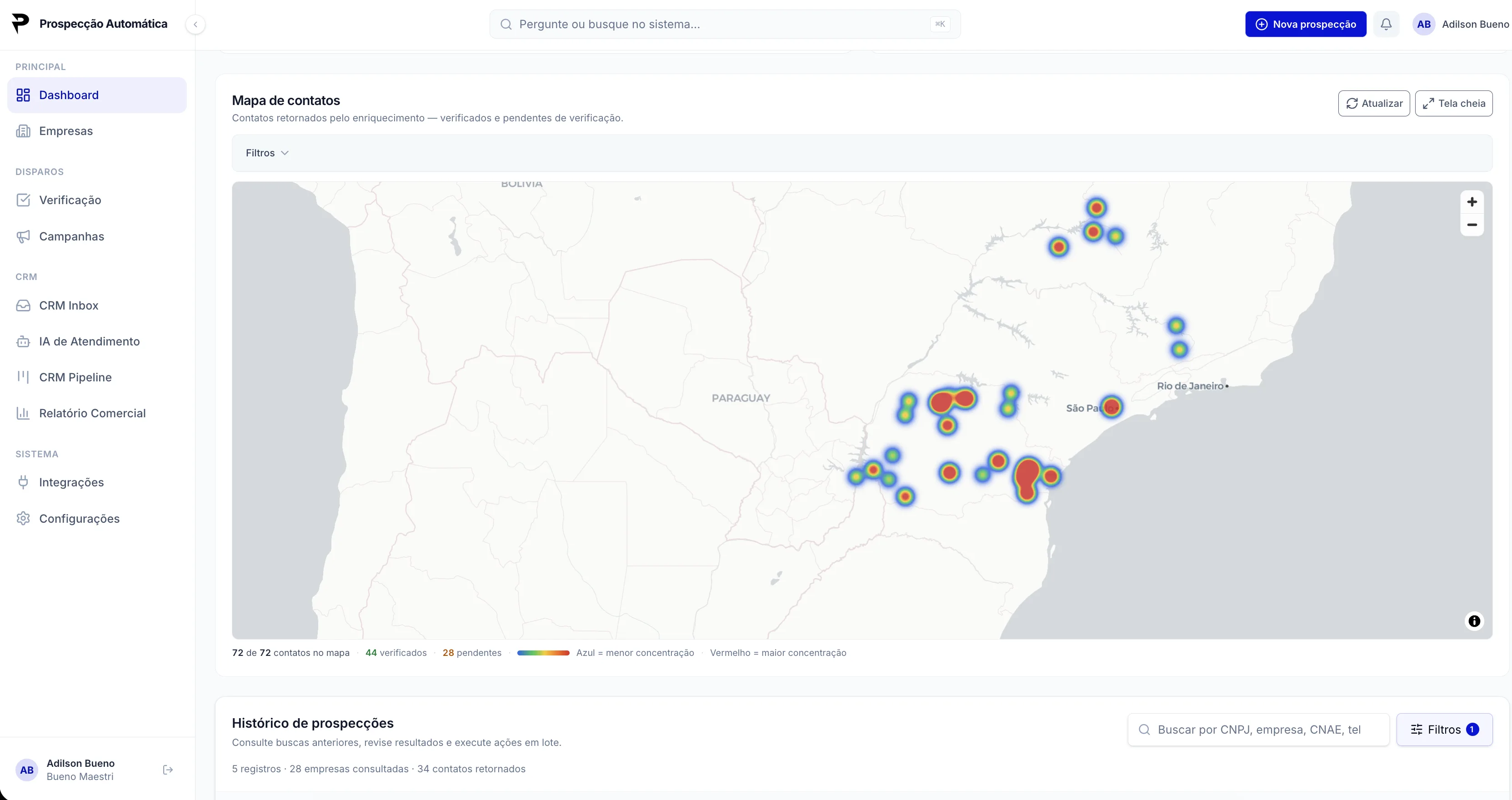 Dashboard do Prospecção Automática com mapa de contatos e histórico de prospecções